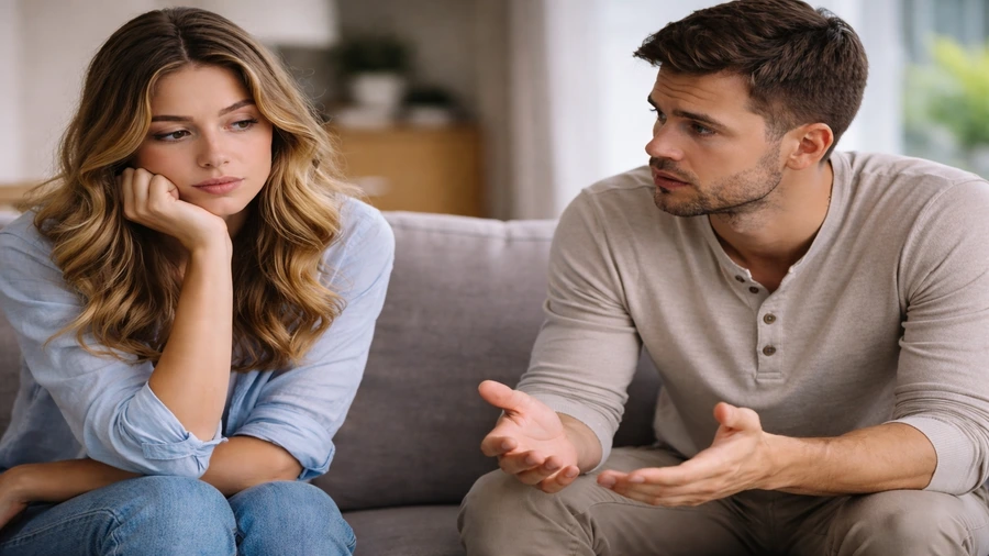 Casal conversando no sofá enquanto mulher demonstra dúvida emocional sobre relacionamento