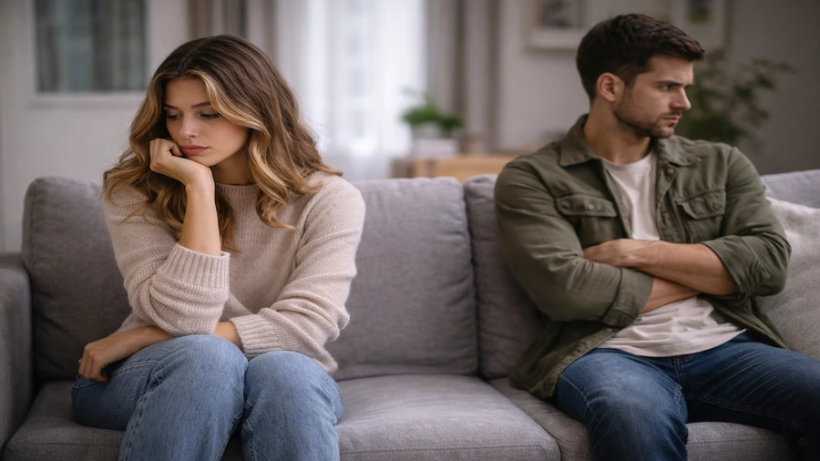 Quando ele começa a se afastar aos poucos 1 Casal sentado distante no sofá demonstrando distanciamento emocional no relacionamento