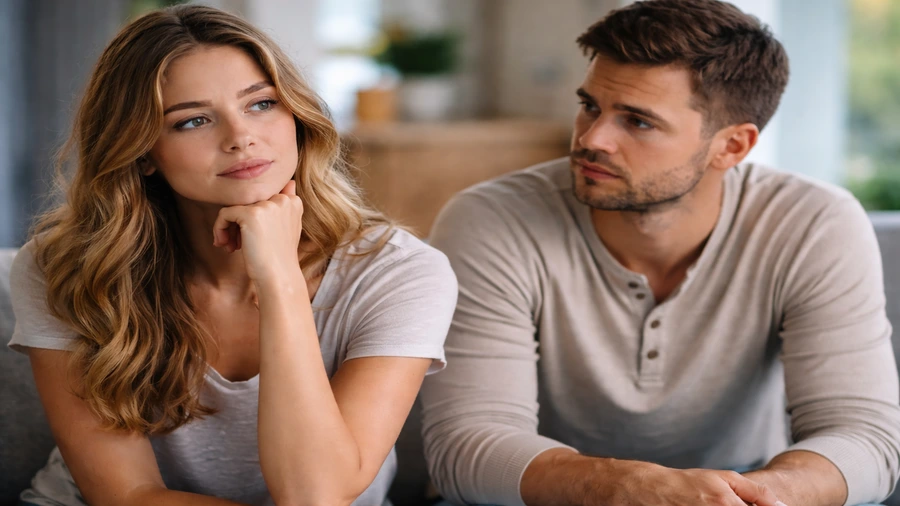 Ele fala que não quer relacionamento mas continua por perto: o que está por trás desse comportamento? 1 Mulher pensativa enquanto homem observa em conversa sobre relacionamento e sentimentos