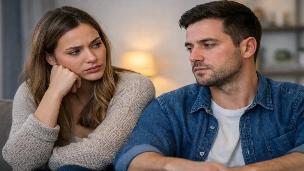 Homem distante evita olhar a parceira durante conversa sobre assumir relacionamento
