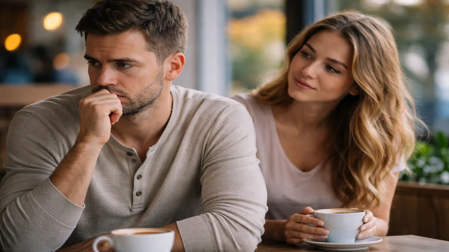 Homem pensativo em café enquanto mulher observa após perceber que ela está interessada no relacionamento
