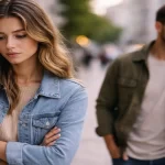 Mulher pensativa enquanto homem se afasta no fundo em situação de distanciamento no relacionamento