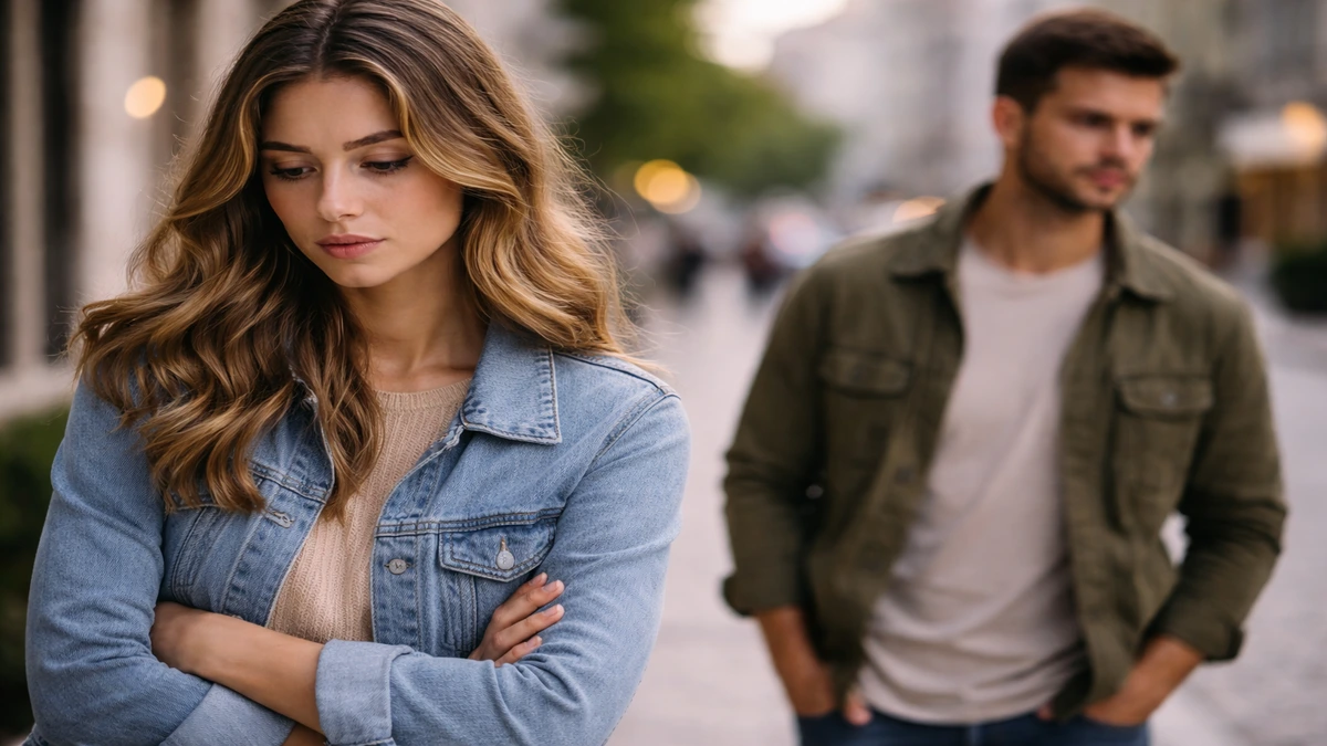 Mulher pensativa enquanto homem se afasta no fundo em situação de distanciamento no relacionamento