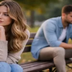 Casal sentado distante em banco de parque refletindo sobre relacionamento e sentimentos