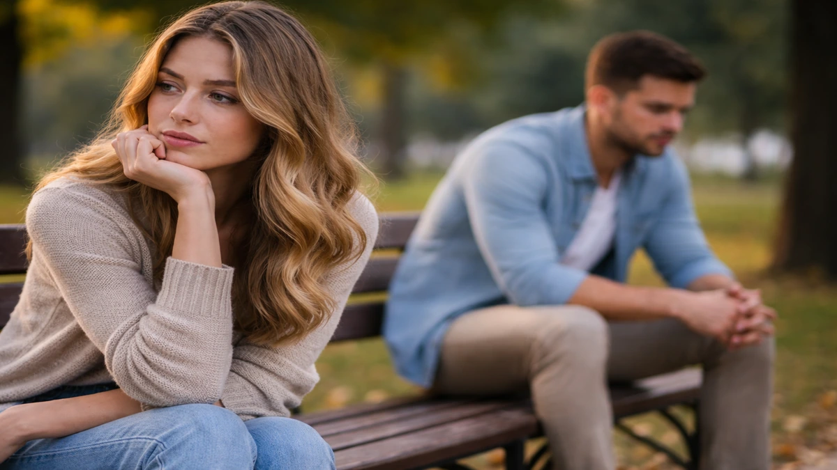 Casal sentado distante em banco de parque refletindo sobre relacionamento e sentimentos