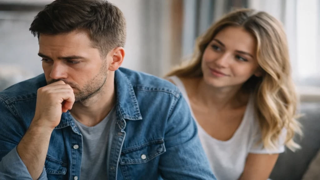 Homem pensativo muda comportamento ao perceber que mulher está interessada no relacionamento