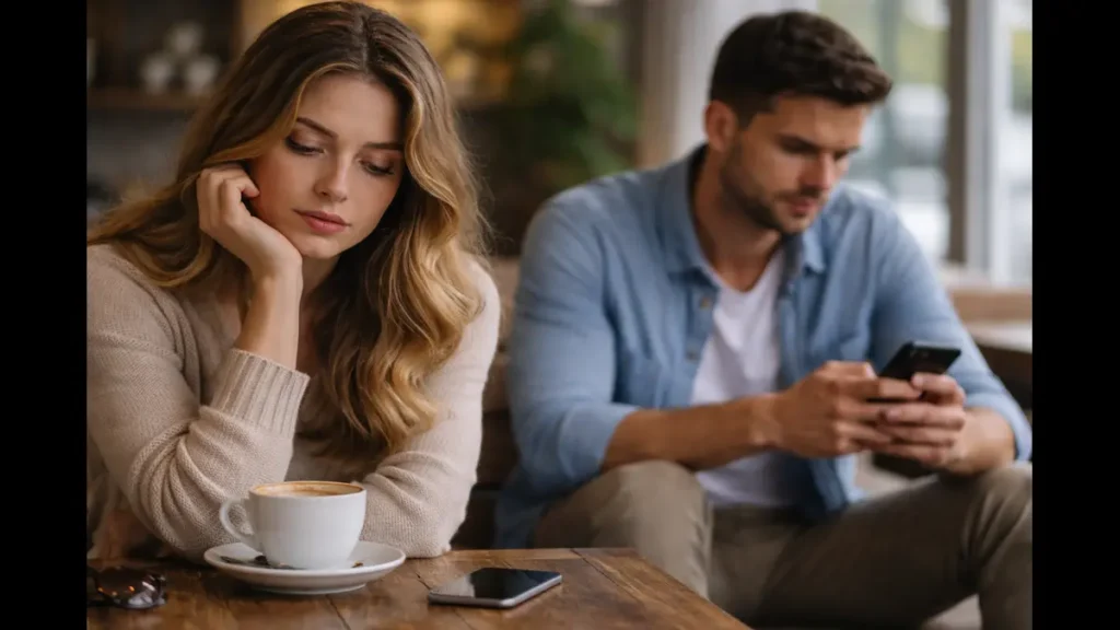sinais de afastamento emocional casal distante no relacionamento homem no celular ignorando
